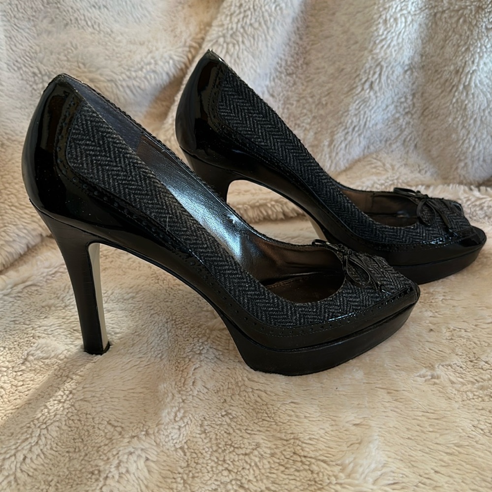 Marc Fisher Peep Toe Platform Heel.  Patent Leather. Printed Flannel Accent.